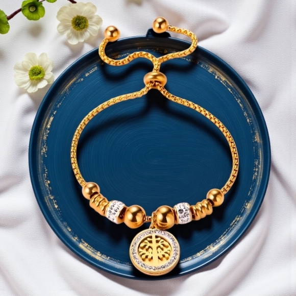 🆕️Elegant 18K Gold Plated Tree of Life Charm Rhinestones Adjustable Bracelet - Picture 1 of 8